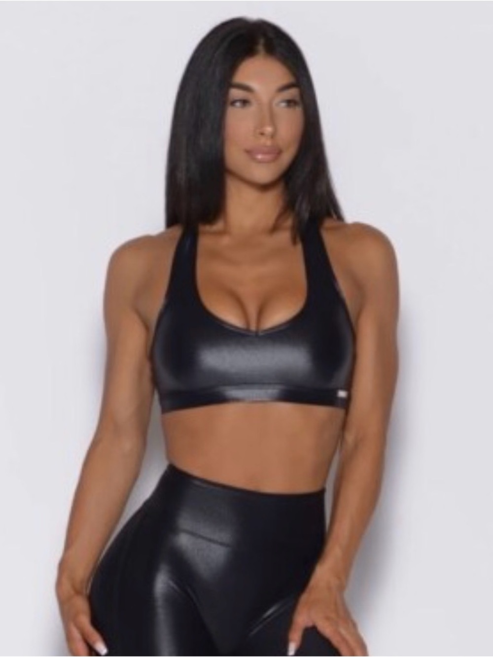 Bombshell Sportswear Black Shiny Scoop High Gloss Sports Bra size Small